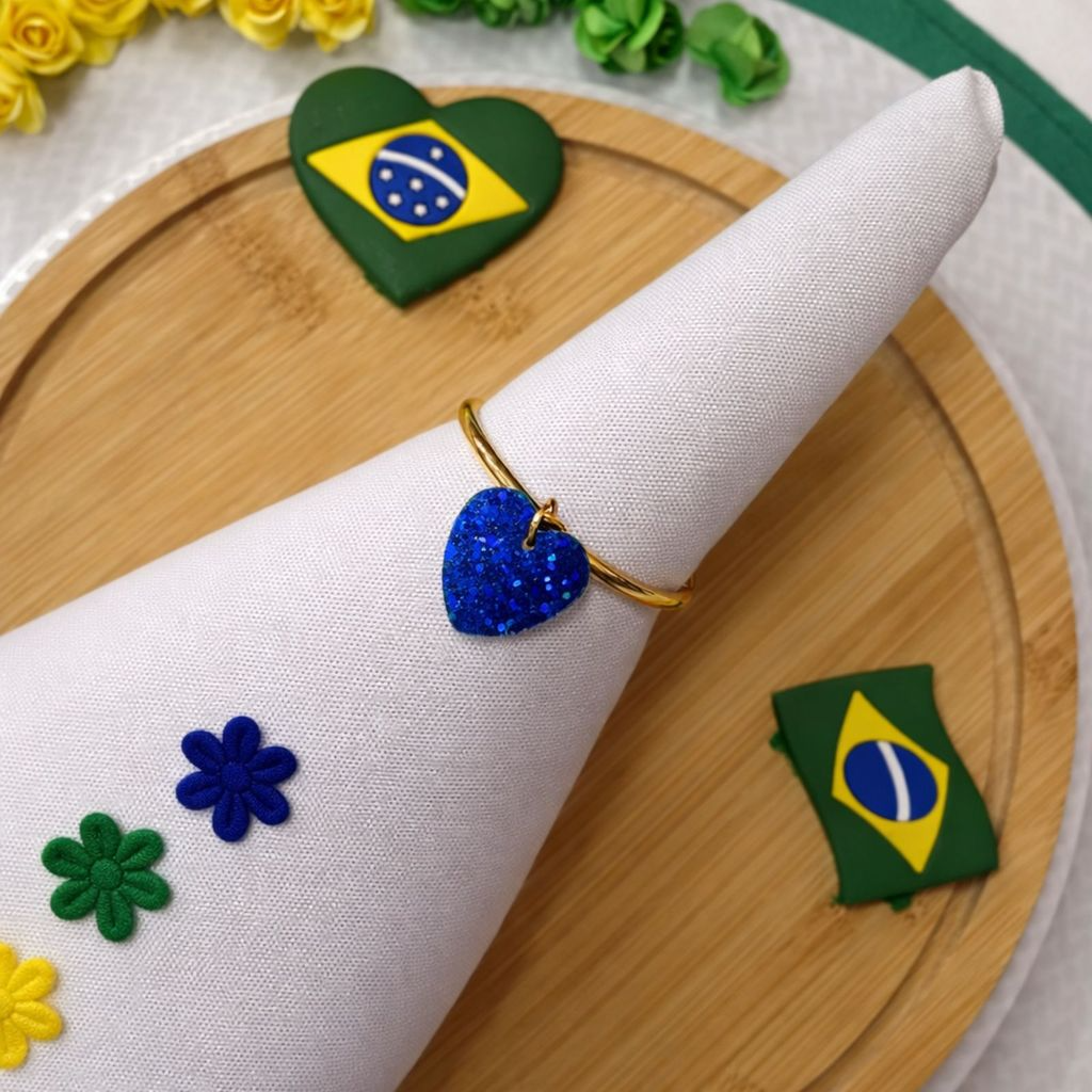 Kit 06 Anel de Guardanapo Para Copa do Mundo Brasil Coração Azul Verde e Amarelo