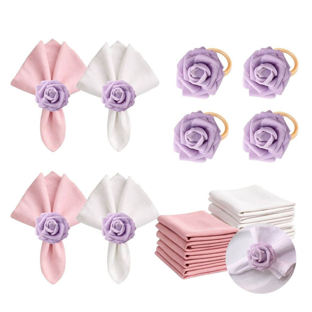 Kit com 4 Anel de Guardanapo + 4 Guardanapo  Oxford Flor Rosa Lilás