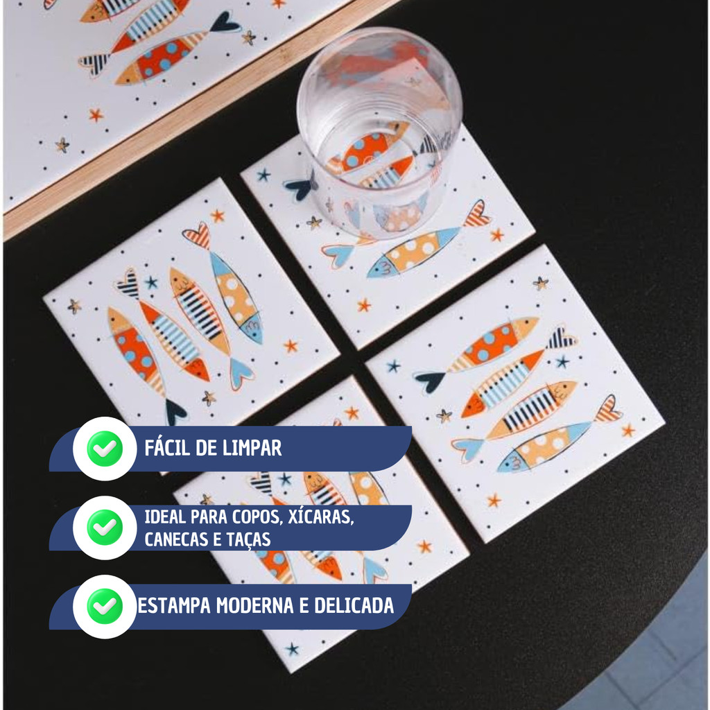 Kit com 4 Porta Copos Cerâmica Estampa de Peixe