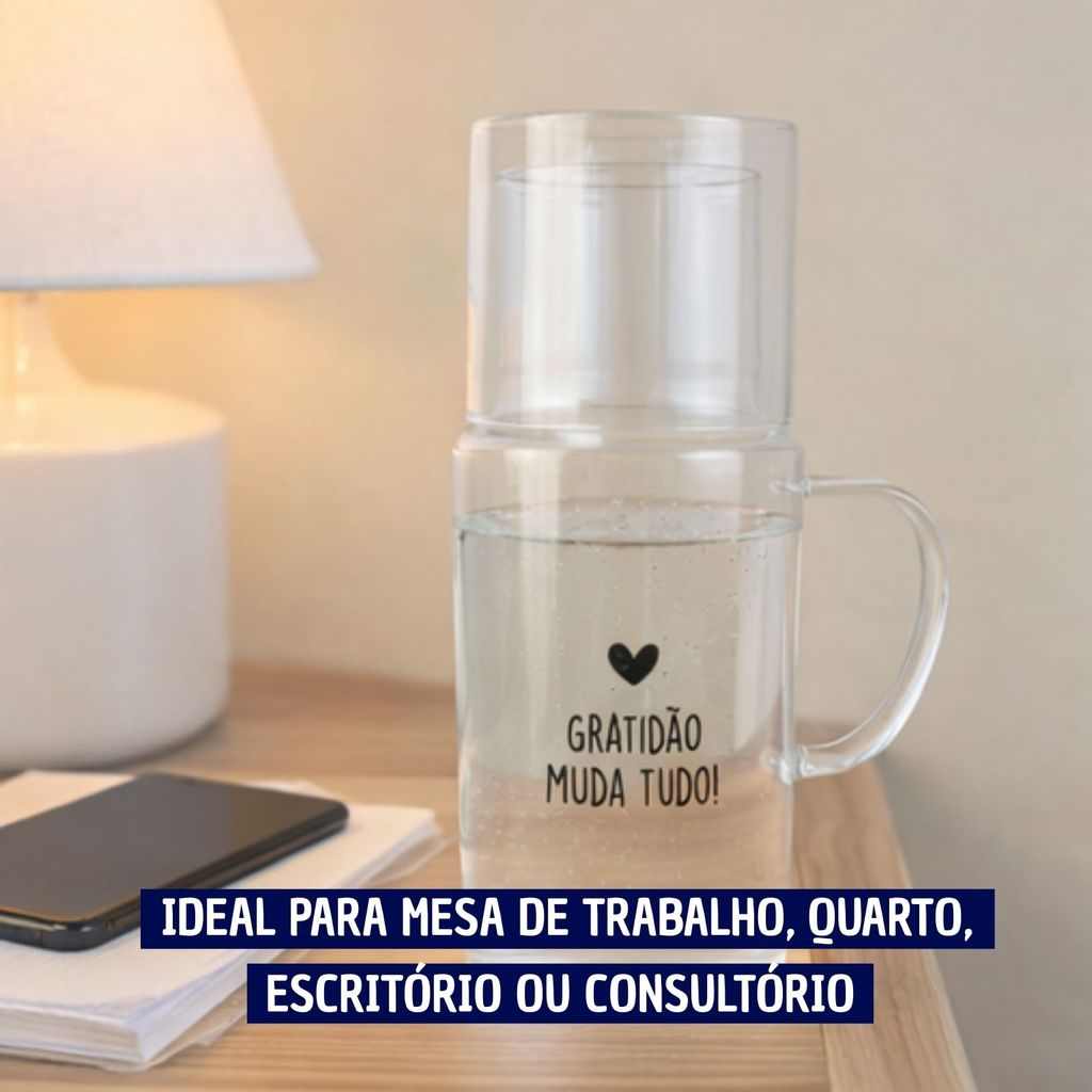 Moringa de água de Vidro com Copo e Frase Gratidão Muda Tudo