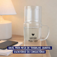 Moringa de água de Vidro com Copo e Frase Gratidão Muda Tudo