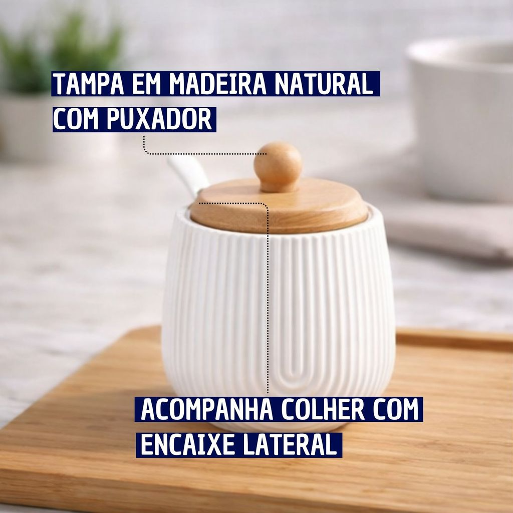 Açucareiro Premium em Cerâmica Com Tampa de Madeira e Colher