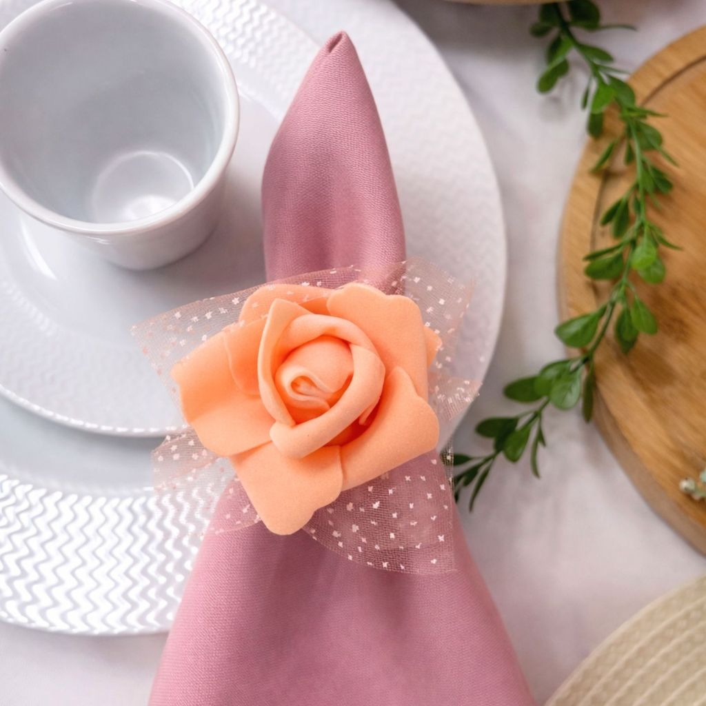 Kit com 4 Anel de Guardanapo + 4 Guardanapo  Oxford Rosa Salmão