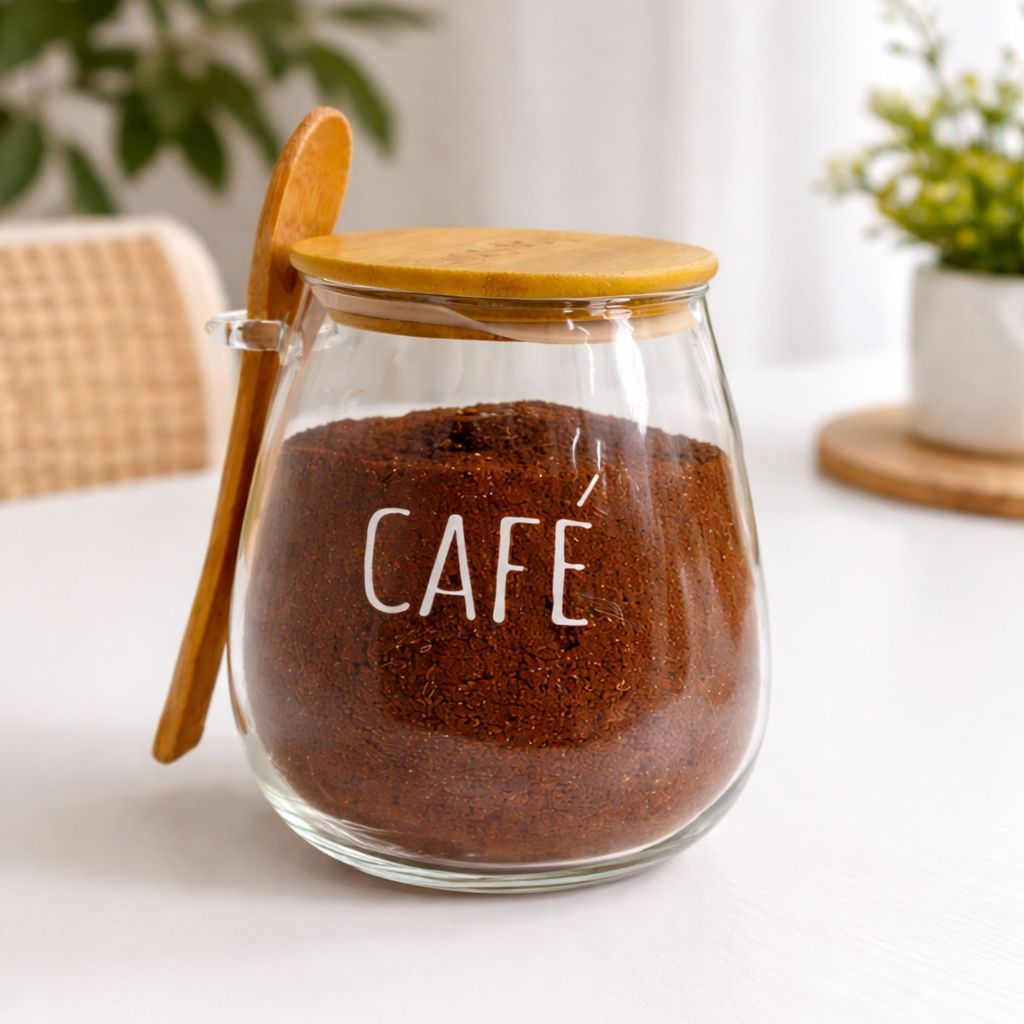 Pote Hermético de Vidro com Tampa de Bambu e Colher Com Escrita Grande 1Litro