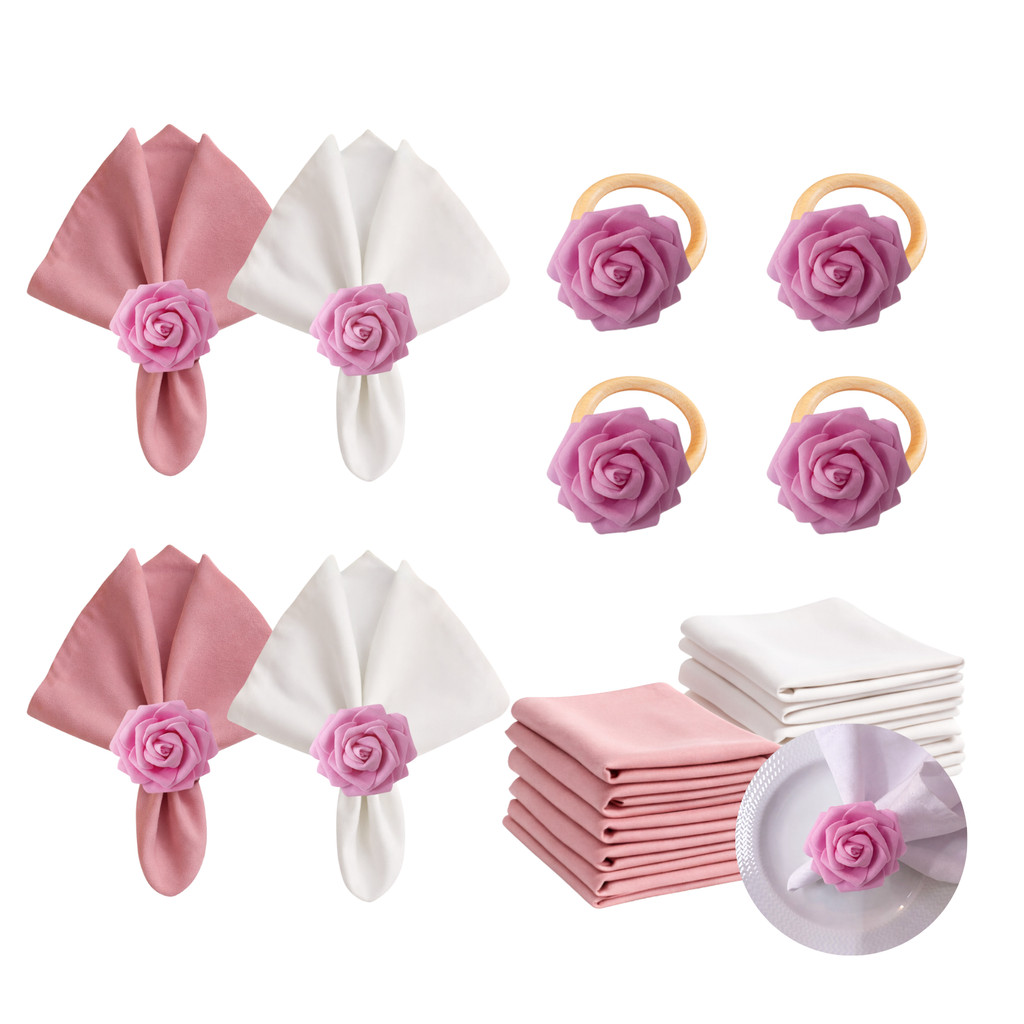 Kit com 4 Anel de Guardanapo + 4 Guardanapo  Oxford Rosas Delicadas