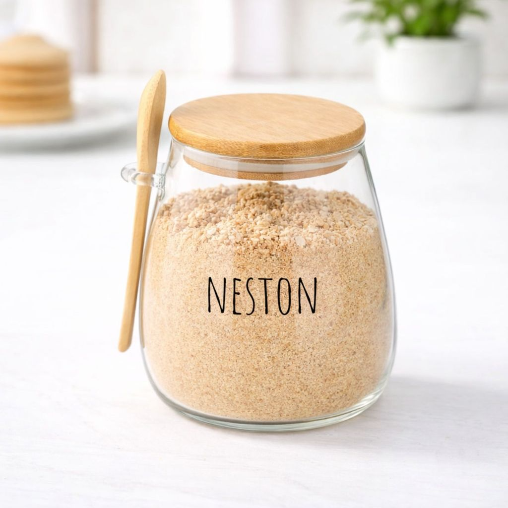 Pote Hermético de Vidro com Tampa de Bambu e Colher Com Escrita Grande 1Litro