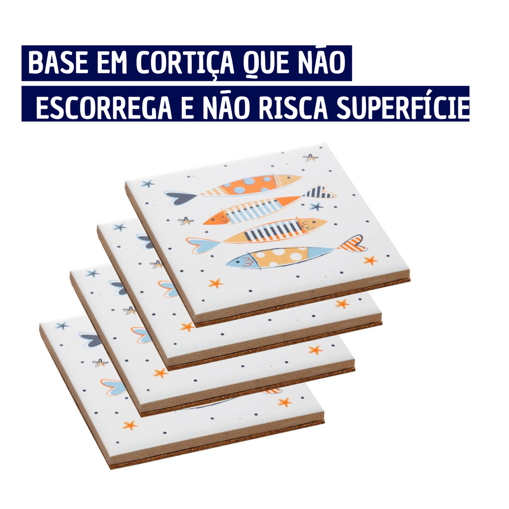 Kit com 4 Porta Copos Cerâmica Estampa de Peixe