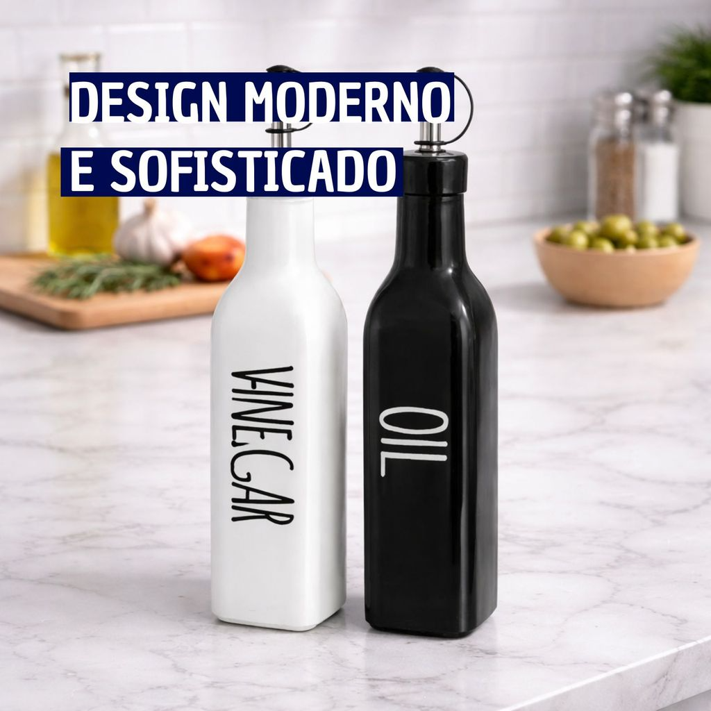 Kit Vinagre e Azeite Minimalista Preto e Branco Com Dosador em Aço 300ml