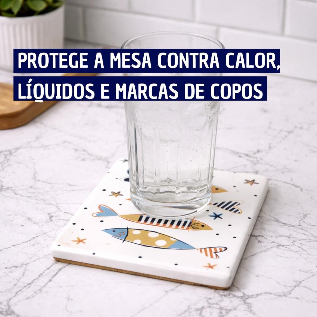 Kit com 4 Porta Copos Cerâmica Estampa de Peixe