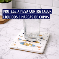 Kit com 4 Porta Copos Cerâmica Estampa de Peixe