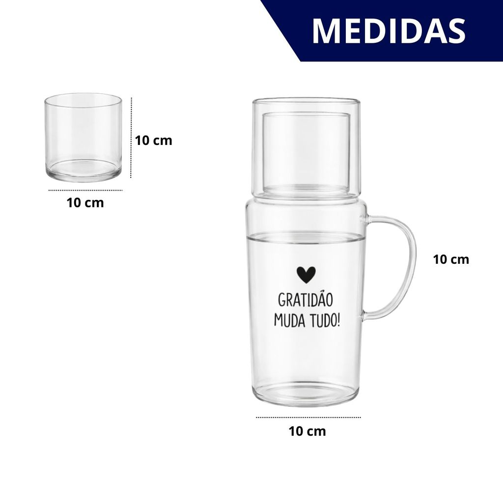 Moringa de água de Vidro com Copo e Frase Gratidão Muda Tudo