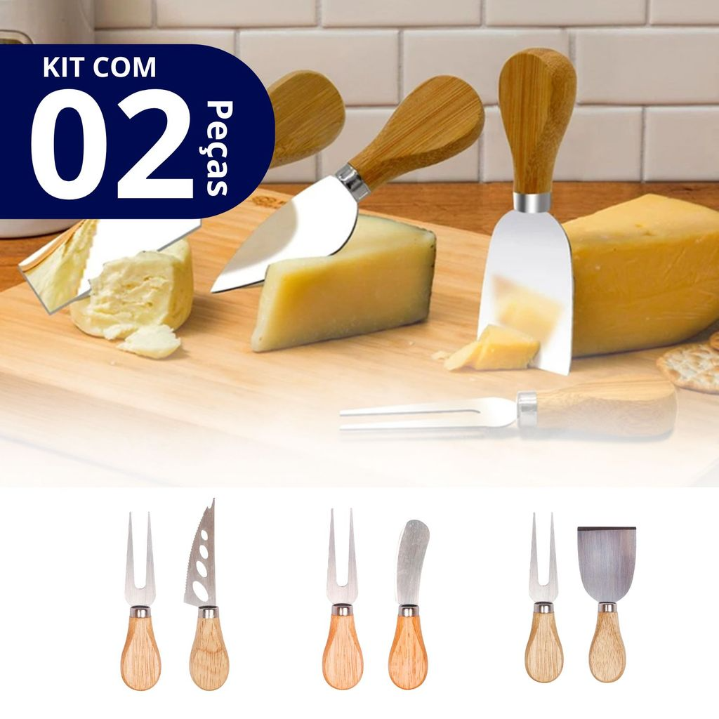 Kit 2 Facas Para Queijo e Pão em Aço Inox com Cabo de Madeira Natural