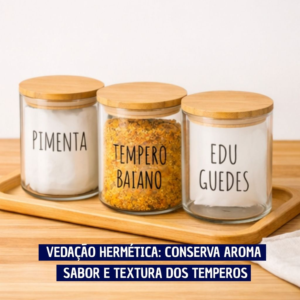 Potes Herméticos para Temperos de Vidro com Tampa de Bambu Personalizado 8x8