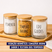 Potes Herméticos para Temperos de Vidro com Tampa de Bambu Personalizado 8x8