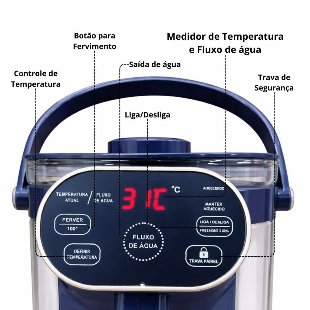 Chaleira Eletrica de Vidro 2,5L Esquenta até 100 graus Com Painel Digital 110v