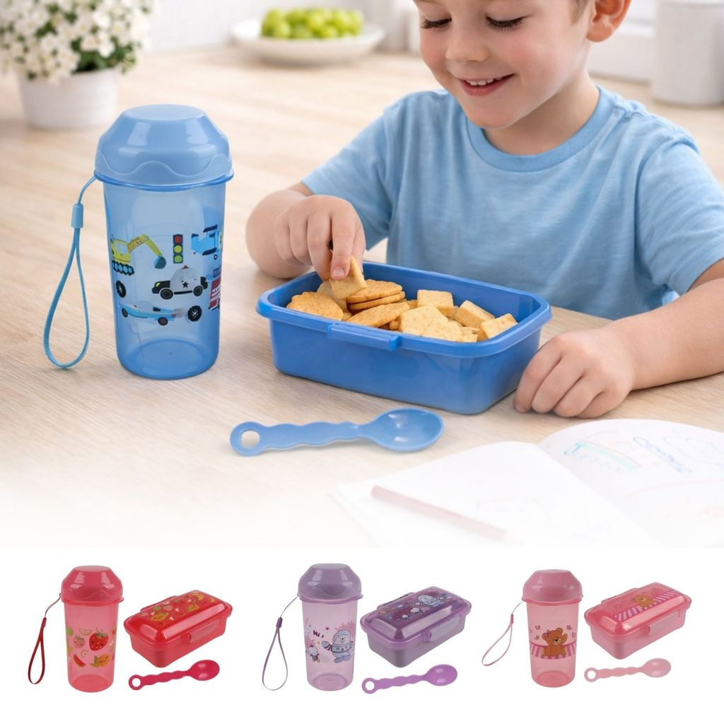 Kit Lanche Infantil Com Garrafa, Marmita e Colher