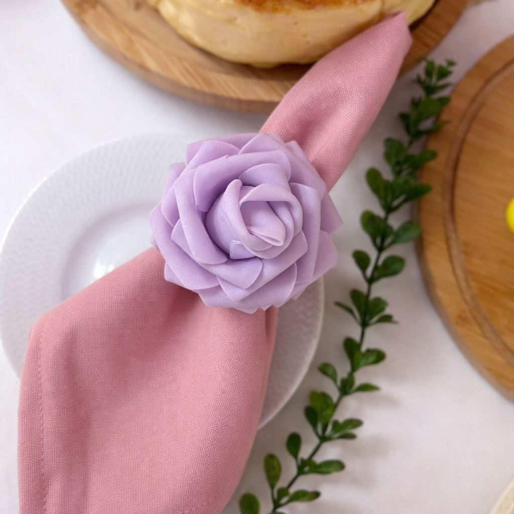 Kit com 4 Anel de Guardanapo + 4 Guardanapo  Oxford Flor Rosa Lilás