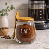 Pote Hermético de Vidro com Tampa de Bambu e Colher Com Escrita Grande 1Litro