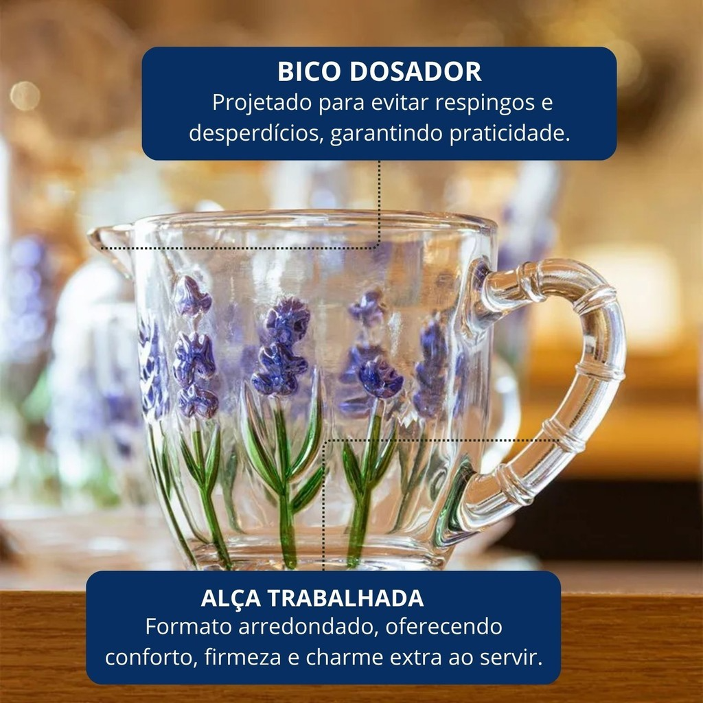 Leiteira em Cristal Com Relevo Detalhes Lavanda Flores 240ml