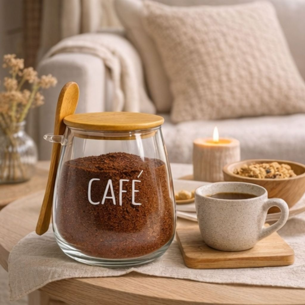 Pote Hermético de Vidro com Tampa de Bambu e Colher Com Escrita Grande 1Litro