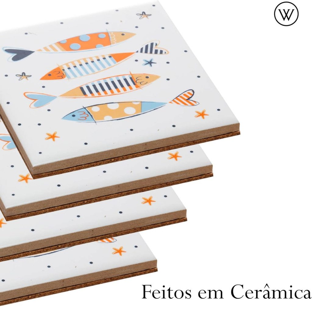 Kit com 4 Porta Copos Cerâmica Estampa de Peixe