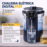 Chaleira Eletrica de Vidro 2,5L Esquenta até 100 graus Com Painel Digital 110v