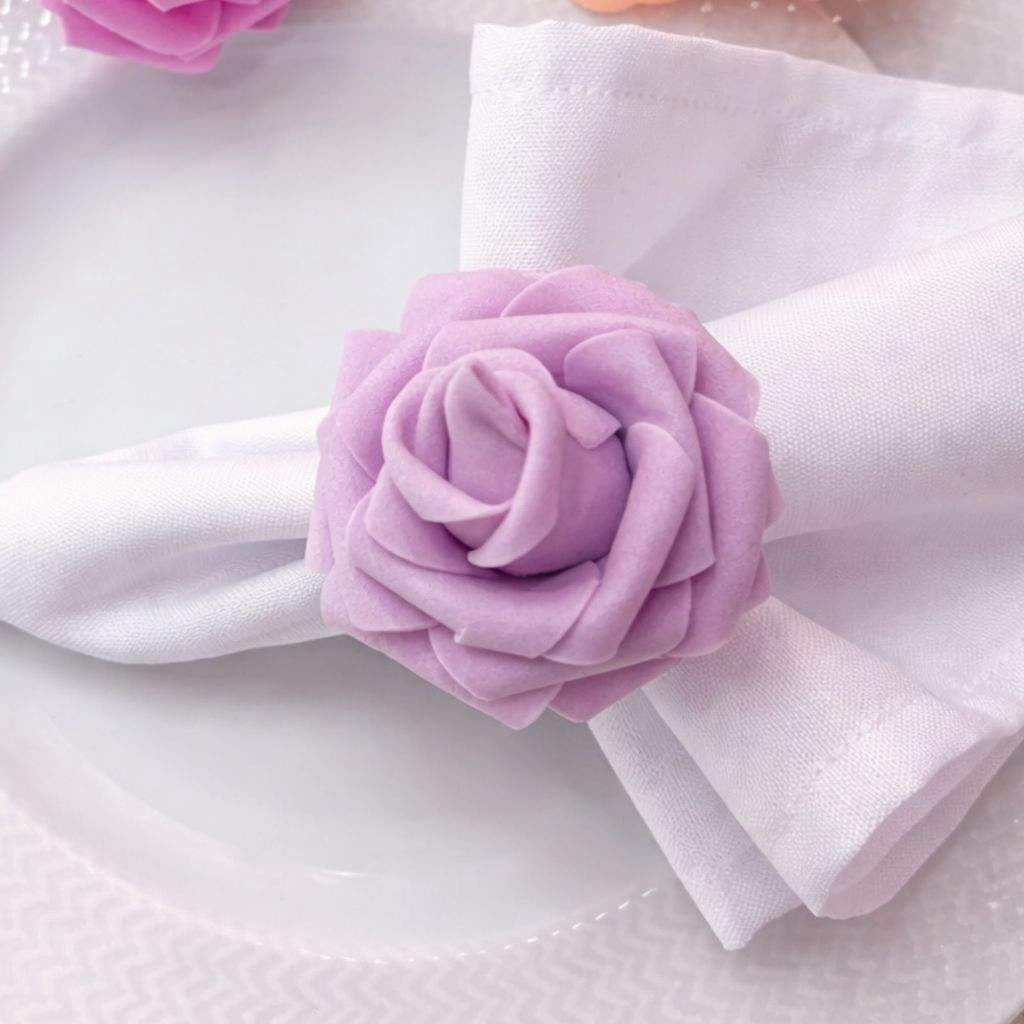 Kit com 4 Anel de Guardanapo + 4 Guardanapo  Oxford Flor Rosa Lilás