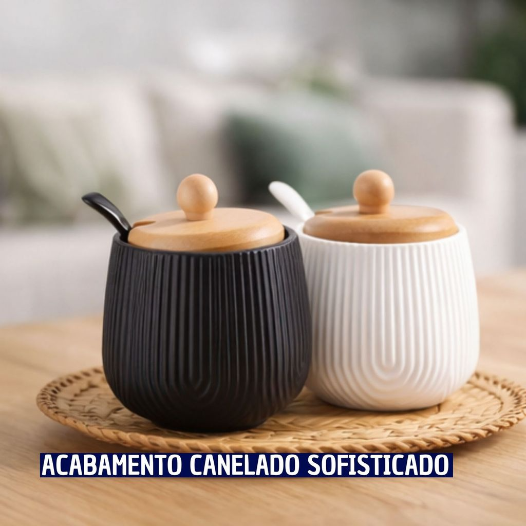 Açucareiro Premium em Cerâmica Com Tampa de Madeira e Colher