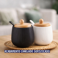 Açucareiro Premium em Cerâmica Com Tampa de Madeira e Colher