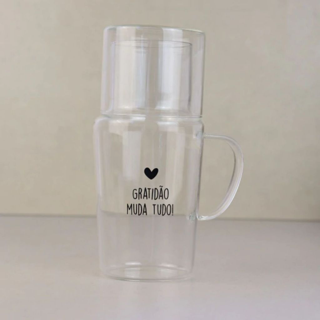 Moringa de água de Vidro com Copo e Frase Gratidão Muda Tudo