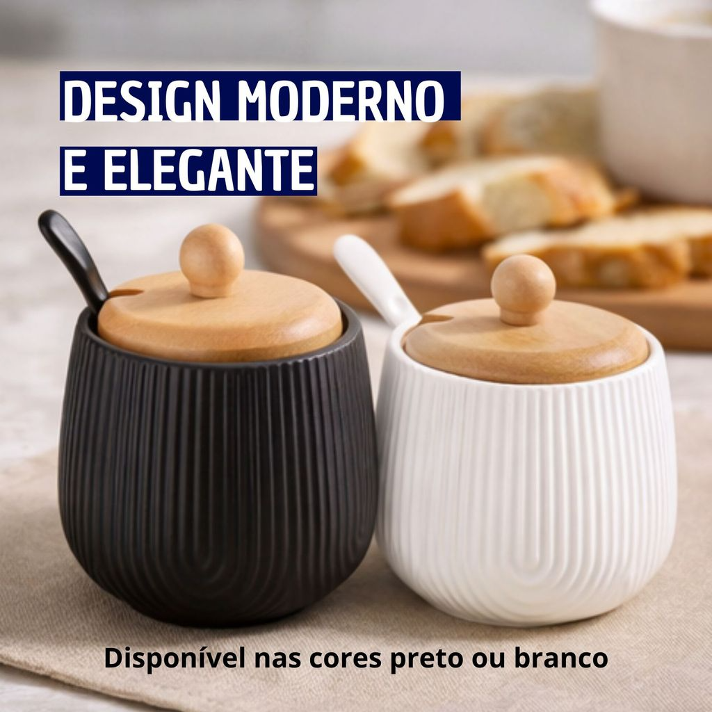 Açucareiro Premium em Cerâmica Com Tampa de Madeira e Colher