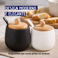 Açucareiro Premium em Cerâmica Com Tampa de Madeira e Colher