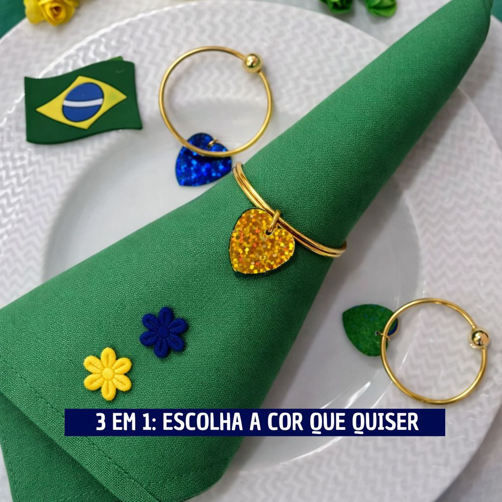 Kit 06 Anel de Guardanapo Para Copa do Mundo Brasil Coração Azul Verde e Amarelo