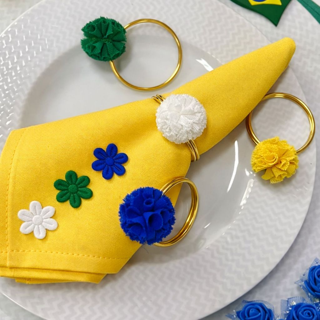 Kit 06 Anel de Guardanapo Para Copa do Mundo Brasil Flor de Pano