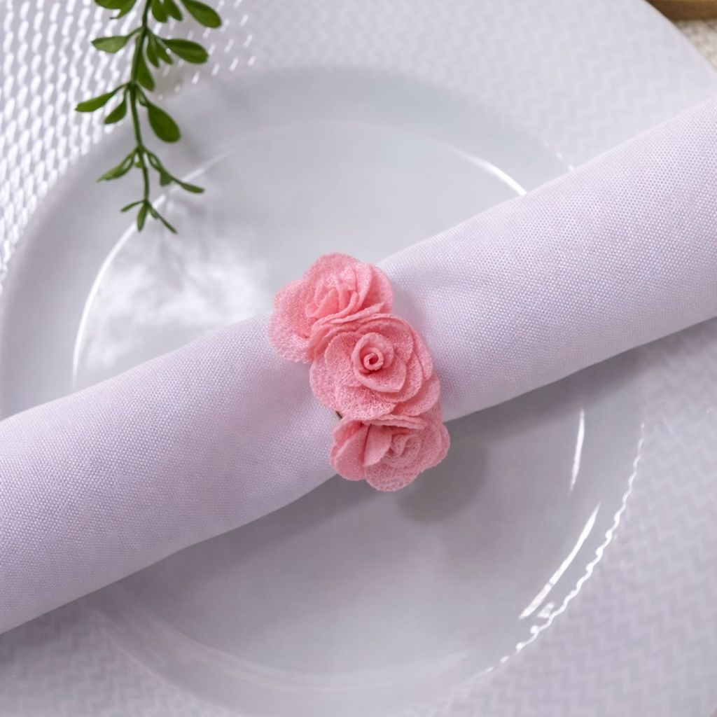 Kit com 4 Anel de Guardanapo + 4 Guardanapo  Oxford 3 Rosas