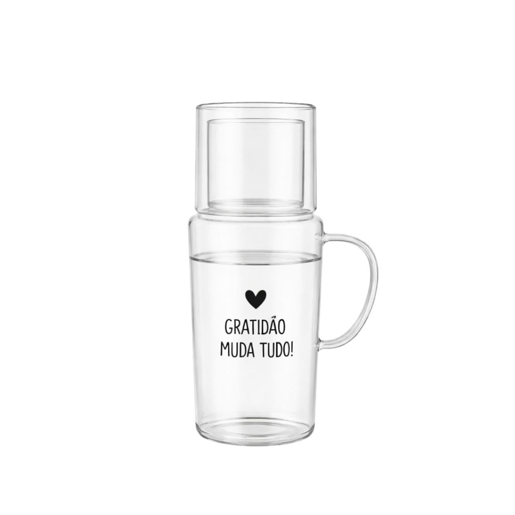 Moringa de água de Vidro com Copo e Frase Gratidão Muda Tudo