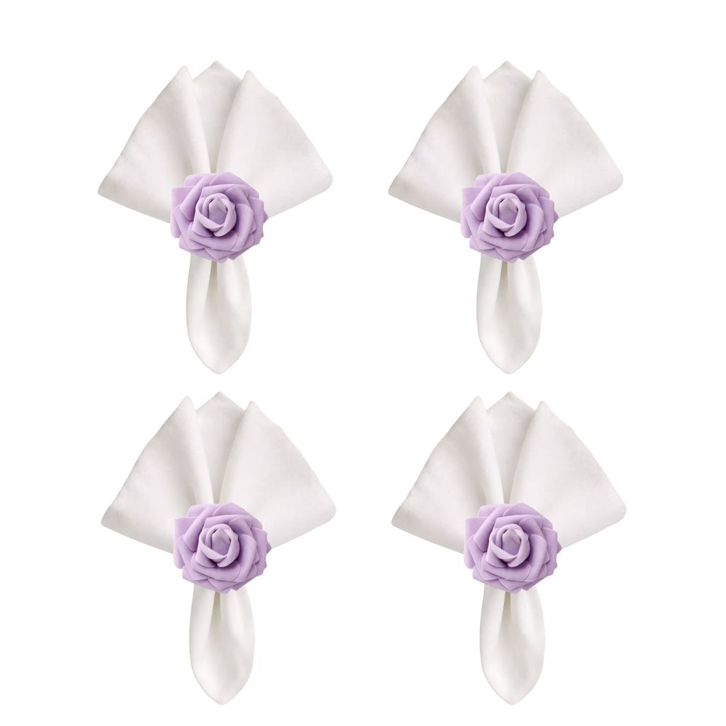 Kit com 4 Anel de Guardanapo + 4 Guardanapo  Oxford Flor Rosa Lilás
