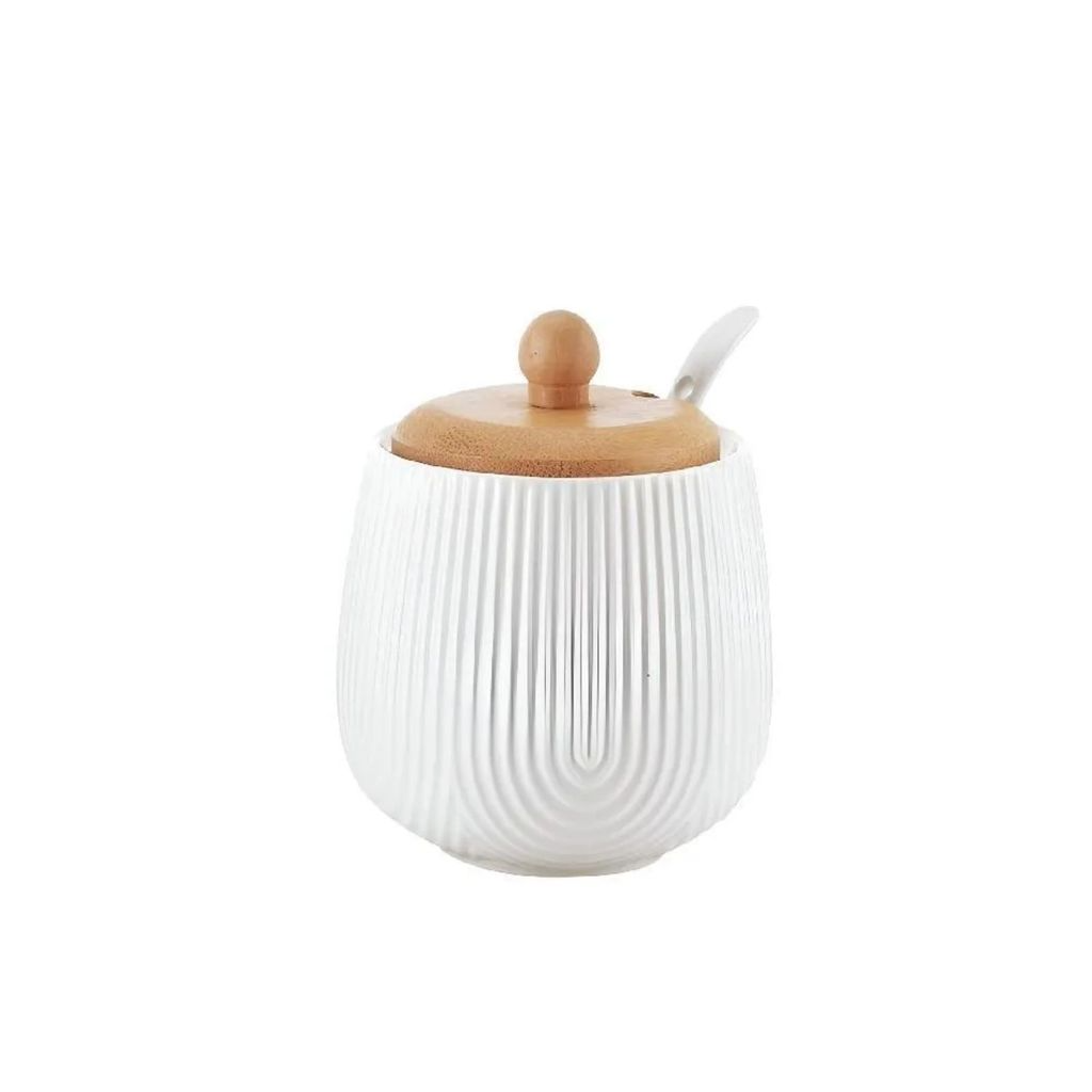 Açucareiro Premium em Cerâmica Com Tampa de Madeira e Colher