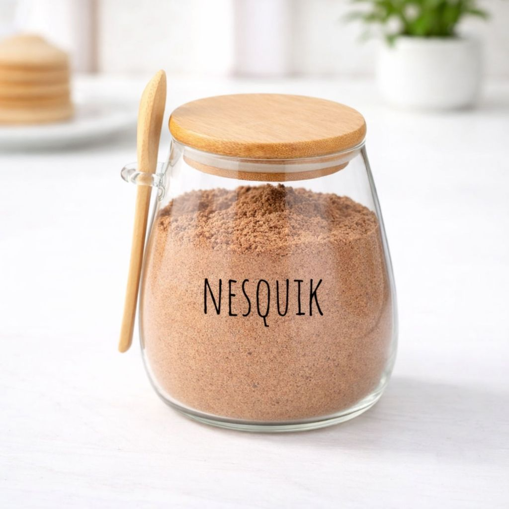 Pote Hermético de Vidro com Tampa de Bambu e Colher Com Escrita Grande 1Litro