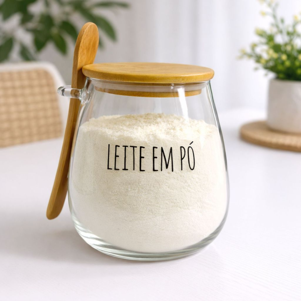 Pote Hermético de Vidro com Tampa de Bambu e Colher Com Escrita Grande 1Litro