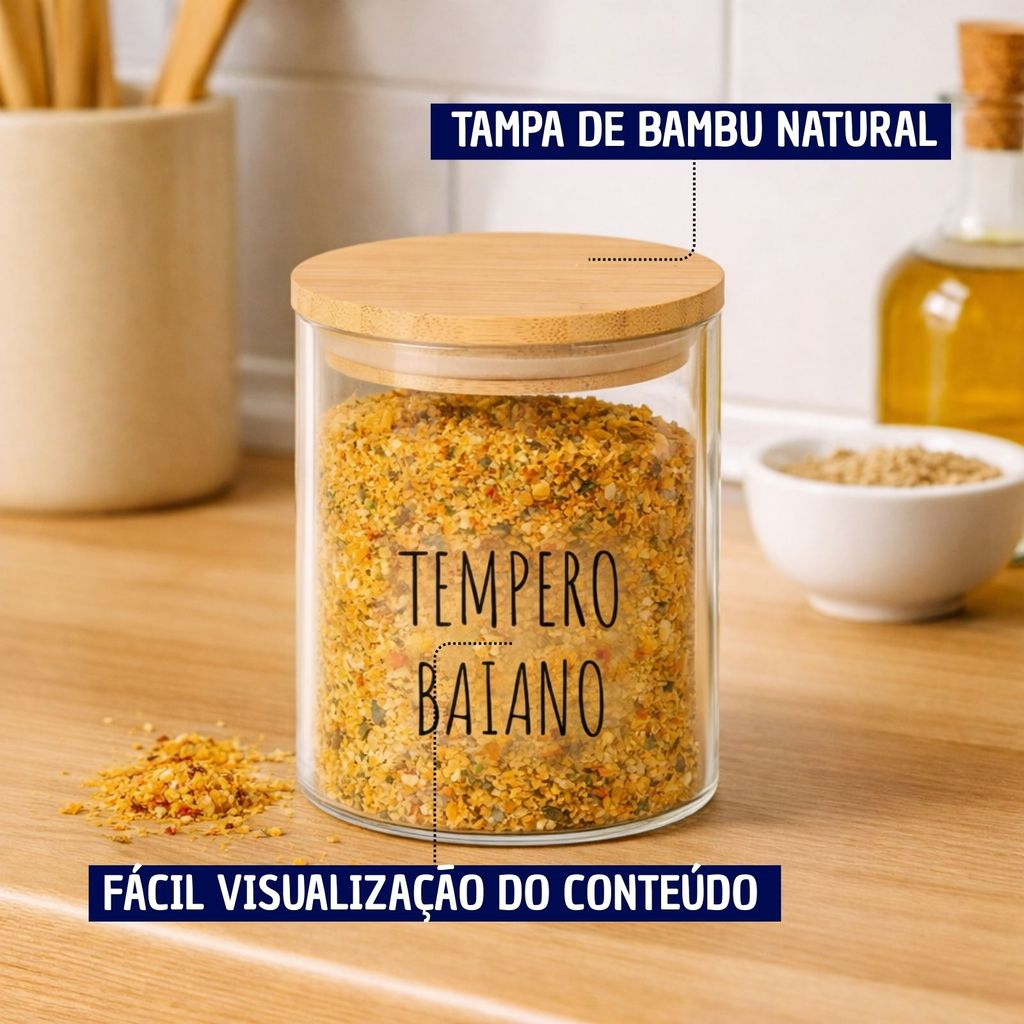 Potes Herméticos para Temperos de Vidro com Tampa de Bambu Personalizado 8x8