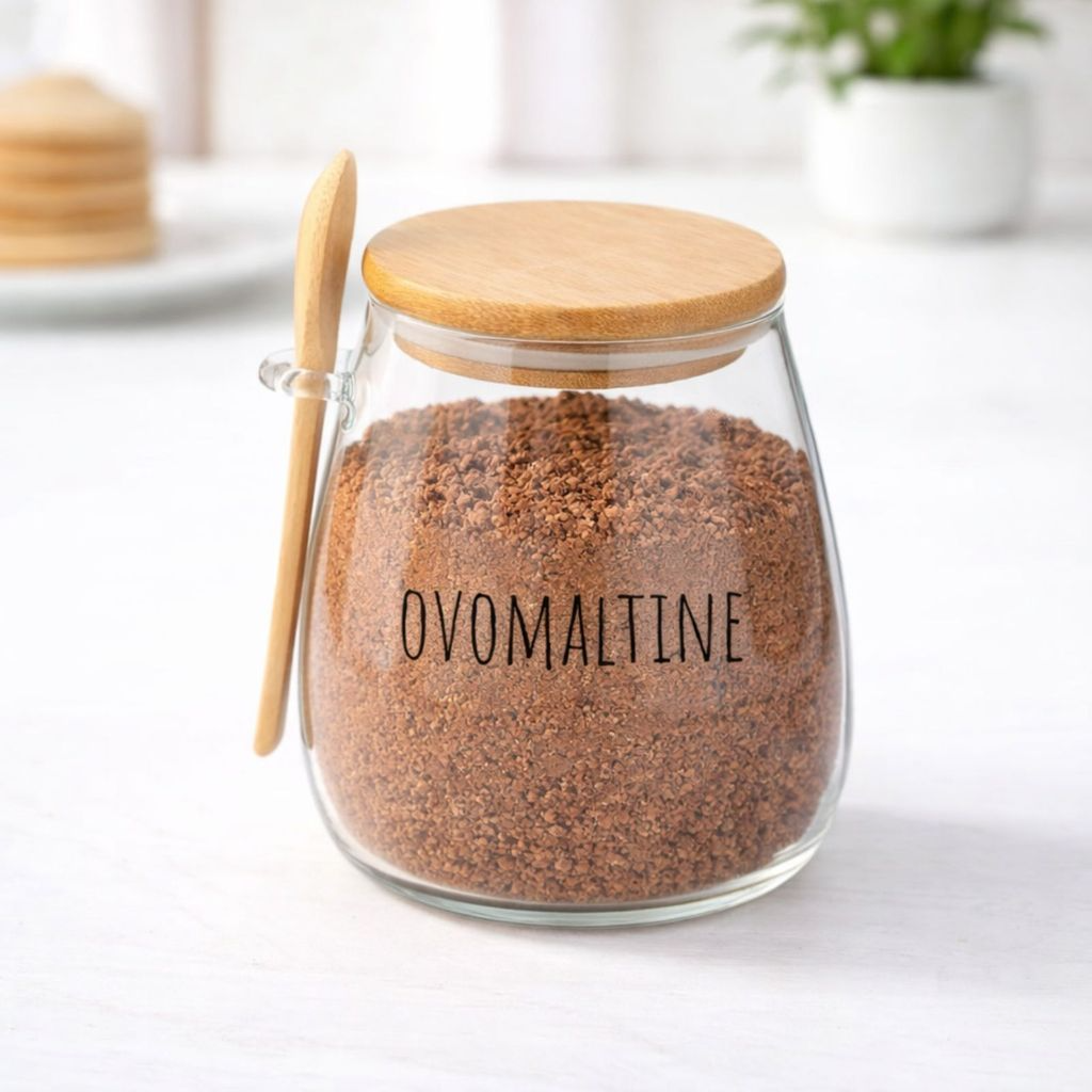 Pote Hermético de Vidro com Tampa de Bambu e Colher Com Escrita Grande 1Litro