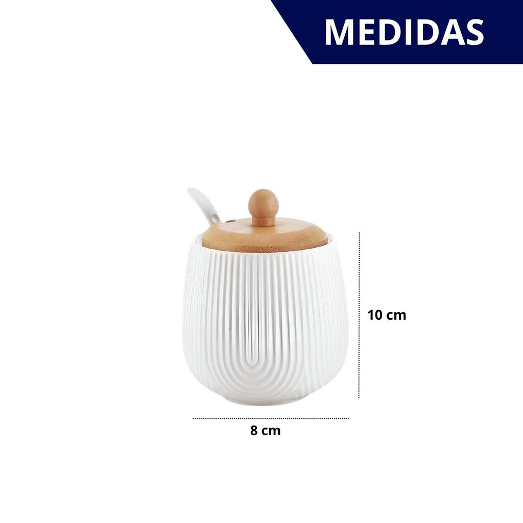 Açucareiro Premium em Cerâmica Com Tampa de Madeira e Colher