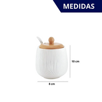 Açucareiro Premium em Cerâmica Com Tampa de Madeira e Colher