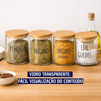 Potes Herméticos para Temperos de Vidro com Tampa de Bambu Personalizado 8x8