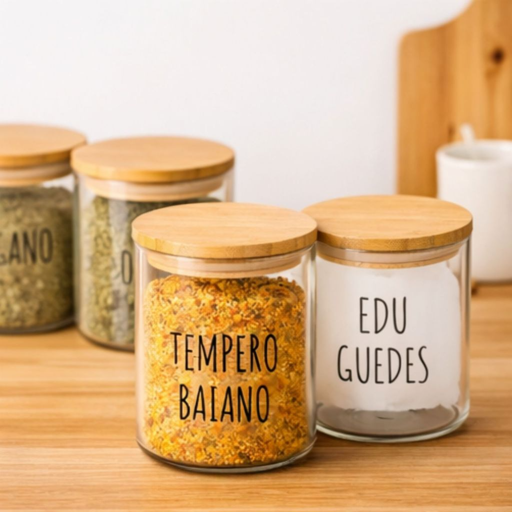 Potes Herméticos para Temperos de Vidro com Tampa de Bambu Personalizado 6x8