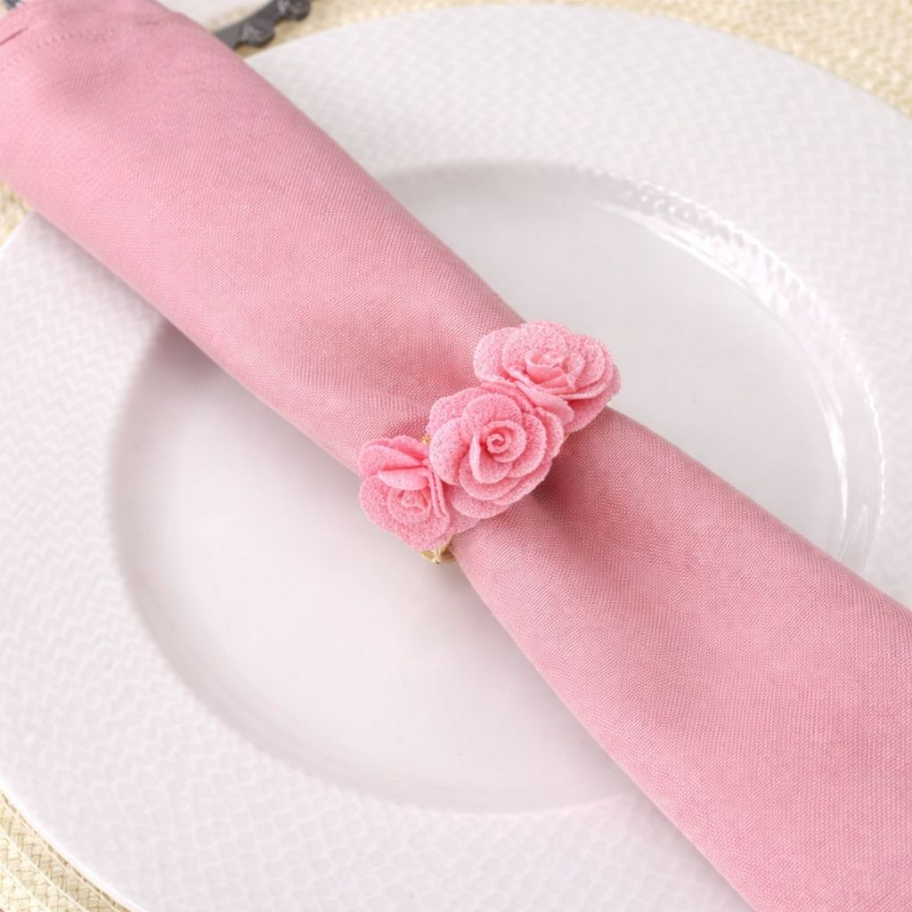 Kit com 4 Anel de Guardanapo + 4 Guardanapo  Oxford 3 Rosas