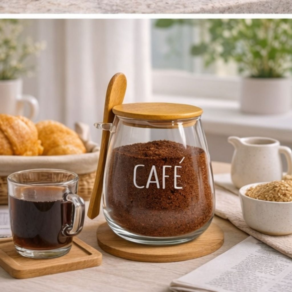 Pote Hermético de Vidro com Tampa de Bambu e Colher Com Escrita Grande 1Litro