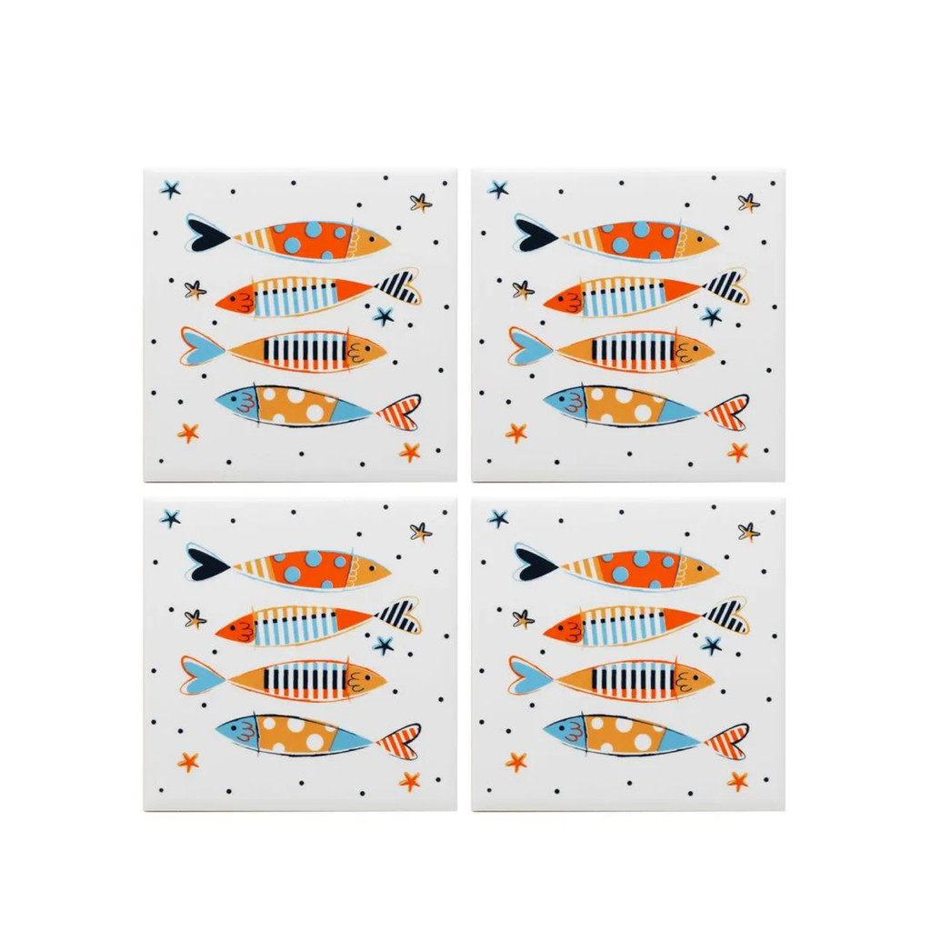 Kit com 4 Porta Copos Cerâmica Estampa de Peixe