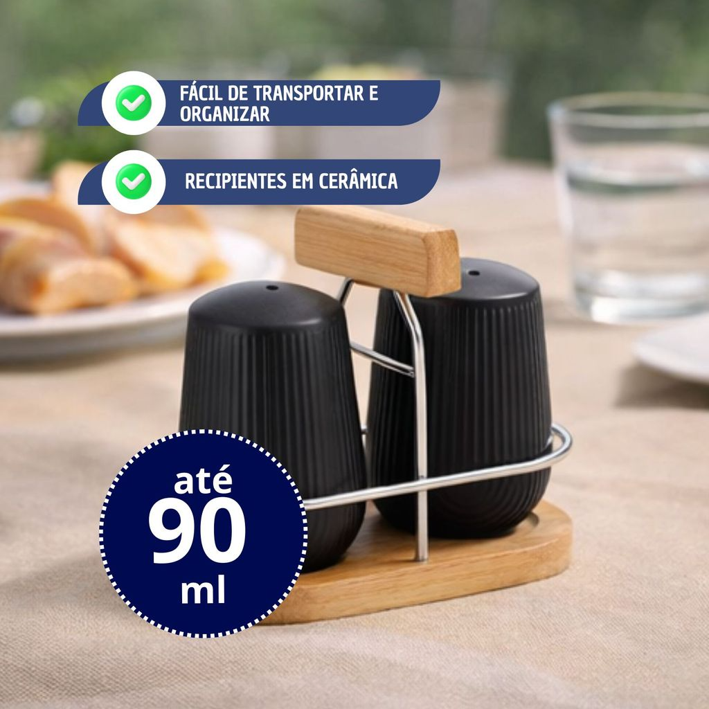 Jogo Saleiro e Pimenteiro de Cerâmica com suporte de Bambu Black